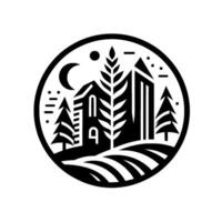 Stylized black and white illustration of a countryside scene within a circular frame, featuring a house, trees, fields, moon, and sun. vector