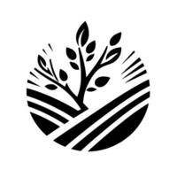 Abstract black and white illustration of a tree with leaves, rising from stylized field within a circular frame, symbolizing growth and nature. vector