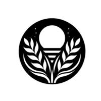 Intricate Black and White Circular A symmetrical composition of stylized foliage within a frame, showcasing geometric shapes and a minimalist aesthetic. vector