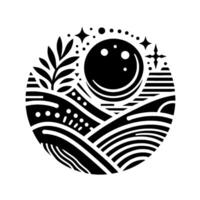Abstract black and white circular illustration featuring a stylized landscape with hills, a moon, stars, and foliage, creating a serene, geometric composition. vector
