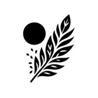 Minimalist Black and White Composition Botanical Leaf with Abstract Circle and Scattered Leaves on a White Background. vector