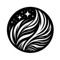 A stylized, celestial emblem. A circular black background with a detailed white, flamelike and sparkling star elements, creating a sense of wonder. vector