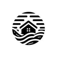 Monochrome house within a circle, with waves below and horizontal lines above symbolizing landscape. vector