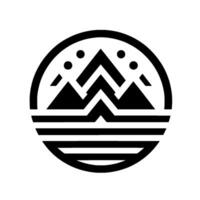 Circular minimalist featuring stylized mountain peaks with dot details, and horizontal stripes below, isolated on white. vector
