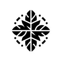 Symmetrical Black Leaf Emblem A stylized fourleaf clover with intricate leaf details, surrounded by dotted patterns on a stark white background. vector
