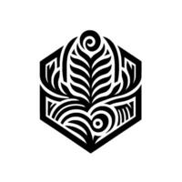 Intricate Black and White Floral Crest Within a Hexagonal Frame, Featuring Stylized Leafy Elements and Geometric . vector