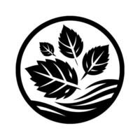 Minimalist Black and White Leaf Illustration Within a Circle, Featuring Dynamic Foliage Over a Watery Landscape vector