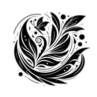 Intricate black and white floral illustration with a dragonfly, stylized leaves, and a circular composition, evoking elegance and organic forms. vector