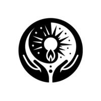 Symbolic YinYang Hands Holding a Candle, Surrounded by Crescent Moon and Sun with Stars vector