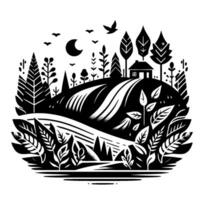 Stylized monochrome landscape illustration of a serene rural scene, featuring a house on a hill, winding paths, trees, leaves, birds, and a crescent moon within a circular frame. vector