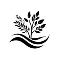 Stylized Black and White Illustration of a Tree with Lush Foliage Emerging from Flowing Lines on a Clean White Backdrop, Ideal for Branding. vector