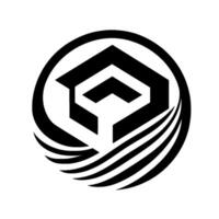 Geometric black and white featuring an abstract, stylized house shape within a circle, adorned with curved lines suggesting movement and modernity. vector