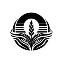 Elegant black and white stylized featuring a central grain stalk within a circular arrangement of stylized leaves and a segmented arch. vector