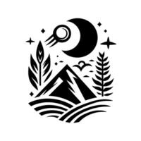 A minimalist black and white illustration depicts a mountain scene under a crescent moon, a celestial orb, and stars amidst natural elements. vector