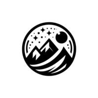 Black and White Round Mountain Range Silhouetted Under a Starry Night Sky with Crescent Moon, Adventure Concept. vector