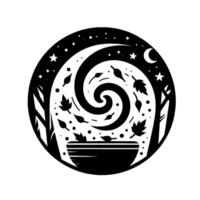 Celestial Autumnal Bowl A black and white depicting a stylized swirl of leaves, falling stars and a crescent moon, framed by trees. vector