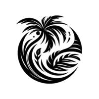 A stylized black and white depiction of a palm tree and foliage arranged within a circular composition, evoking a sense of balance and harmony. vector