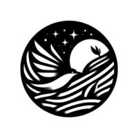 A stylized black and white illustration within a circle, depicting a bird in flight over a landscape, under a starry night and a full moon with a sprouting plant. vector