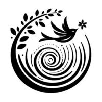 Black and White Stylized Bird with Flower, Branch, and Circular Water Ripples, Symbolizing Peace and Harmony. vector