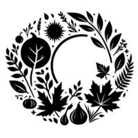 Black and white circular wreath illustration featuring autumn elements like pumpkins, leaves, berries, and a sun, creating a seasonal . vector