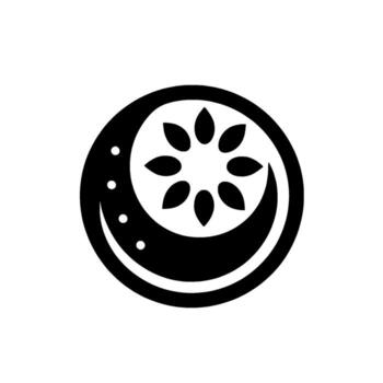 un minimalista , presentando un estilizado negro Luna como forma incorporando un segmentario como una flor elemento dentro un círculo, en un blanco antecedentes. vector