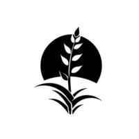 A minimalist black and white illustration of a stylized wheat stalk in front of a dark sun, set against a white canvas. vector