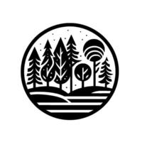 A stylized, blackandwhite forest scene encapsulated within a circular frame, featuring various tree types, a rolling landscape, and minimalist . vector