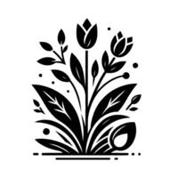 A symmetrical, black and white botanical illustration featuring stylized tulips, leaves, and organic shapes, conveying a sense of clean, modern . vector
