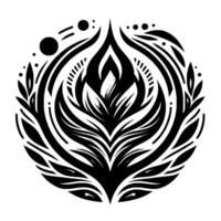 A symmetrical, black and white illustration of a stylized floral emblem, composed of intricate leaflike elements and geometric forms, surrounded by a circular frame. vector