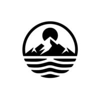 Monochromatic Circle of Mountain Peaks Over Wavy Water with Sun Setting Behind, NatureInspired Illustration vector