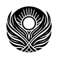 Abstract black and white circular featuring a stylized sun symbol with radiating lines, framed by symmetrical, feathered winglike shapes. vector