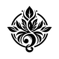 Elegant Black White Botanical Mandala with Leafy , Circular Frame, and Swirl Element on White Background. vector