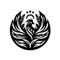 Black and White Phoenix Crest A symmetrical, stylized illustration featuring a phoenix rising with feathers and a simplified celestial , within a circular frame. vector