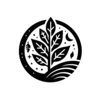A stylized, symmetrical natureinspired emblem featuring a central tree with leaves, surrounded by a circular border and elements like a crescent moon, dots, and stylized fields. vector