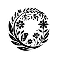 Stylized Black and White Floral Circle Intricate botanical arrangement with flowers, leaves, and berries forming a symmetrical circular pattern. vector
