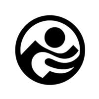 Abstract black and white featuring a circle containing mountainlike shapes, a sphere, and flowing lines, evoking harmony. vector