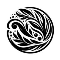 Circular Black and White Decorative of Flowing Water, Leaves, and Bubbles, Abstract Composition, Minimalist Art. vector