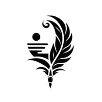 Stylized Ink Feather Composition featuring Abstract Sun and Sea Elements, Representing Creative Expression Against a White Background. vector