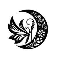 Elegant black and white illustration, featuring a stylized butterfly with floral elements and crescent moon. vector