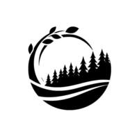 A stylized black and white depicting a forest scene within a circle, framed by a branch with leaves, evoking nature and serenity. vector