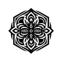 A symmetrical, stylized floral mandala in black and white, framed within a geometric hexagon, centered on a plain white background. vector