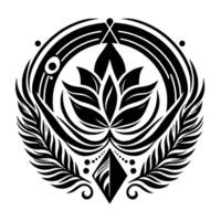 Ornate symmetrical black and white featuring a stylized lotus flower within a circular frame, with featherlike accents. vector