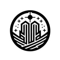 A stylized, circular emblem featuring two central, vertical structures that resemble skyscrapers, framed by a circular border, and accentuated by stars, dots and a stylized sunlike element at the top vector