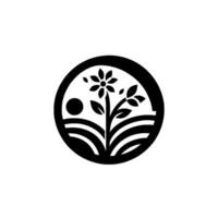 Minimalist Black and White Circular Featuring a Floral , Field, and Sun, Representing Nature and Harmony vector
