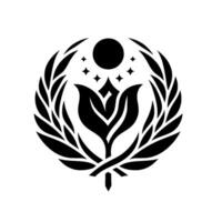 A symmetrical black and white emblem featuring a stylized flower, encircled by a laurel wreath, and topped with a sun and star motif against a stark white backdrop. vector