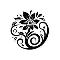 Elegant Black and White Floral Featuring a Central Flower, Intricate Swirls, Leaves, and Dots, Displaying a Circular, Artistic Composition. vector