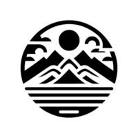 Stylized black and white circular featuring a mountain landscape, sun, clouds, and lake. illustration. vector