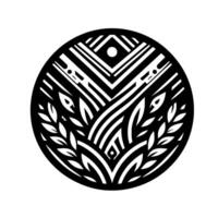 Monochromatic Geometric Botanical Mandala Symmetric black and white , featuring leaves, lines, and dots within a circular frame, evoking harmony. vector