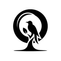 A minimalist black and white of a bird perched on a branch within a circular frame, representing nature and tranquility. vector