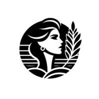 Elegant Black and White of Womans Profile in Circle with Wheat Detail, Clean, Modern vector